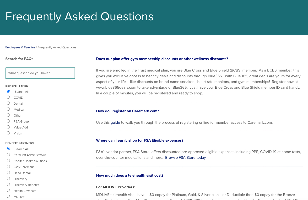 Catholic Health Trust FAQ page with keyword search, benefit type filters, benefit partner filters, and filtered FAQ results