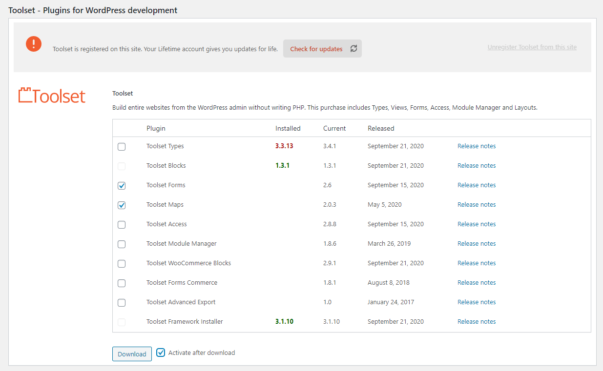 Toolset plugin configuration screen in WordPress