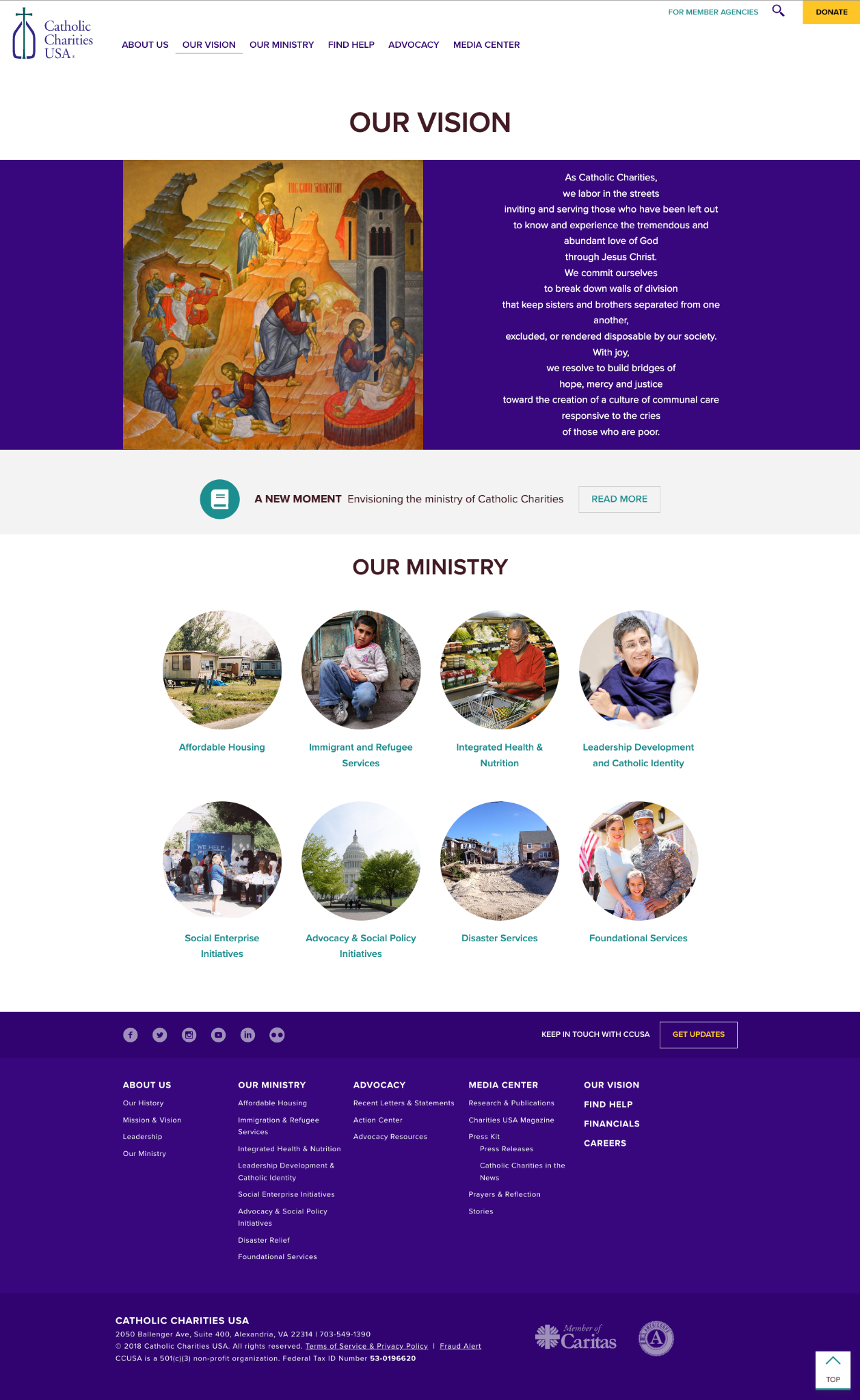 Catholic Charities USA Our Vision page and ministry pathways screenshot